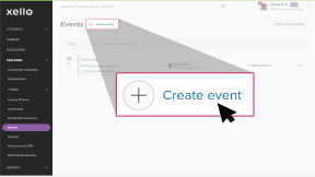 Educator account in Xello on the Events page. The cursor is clicking the Create event button.